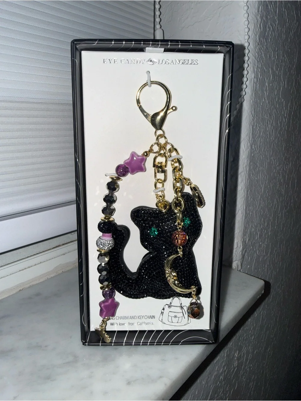 Black Cat Crystal Bag Charm Keychain